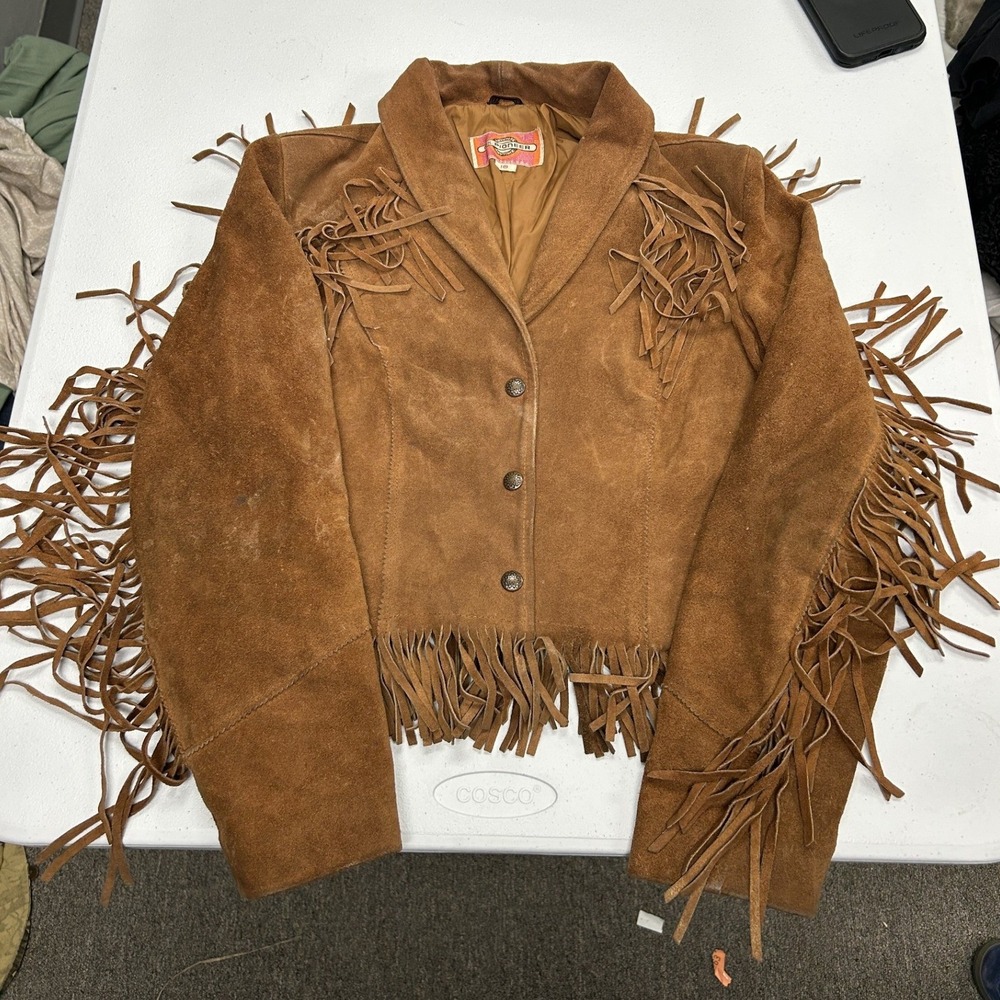 Ms. Pioneer Fringe Jacket Womens 10 Brown Suede Leather Western Vintage F2